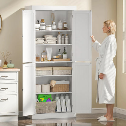 72.5" Freestanding Kitchen Pantry Cabinet, 4 Doors, White Kitchen Pantry Cabinets at Gallery Canada