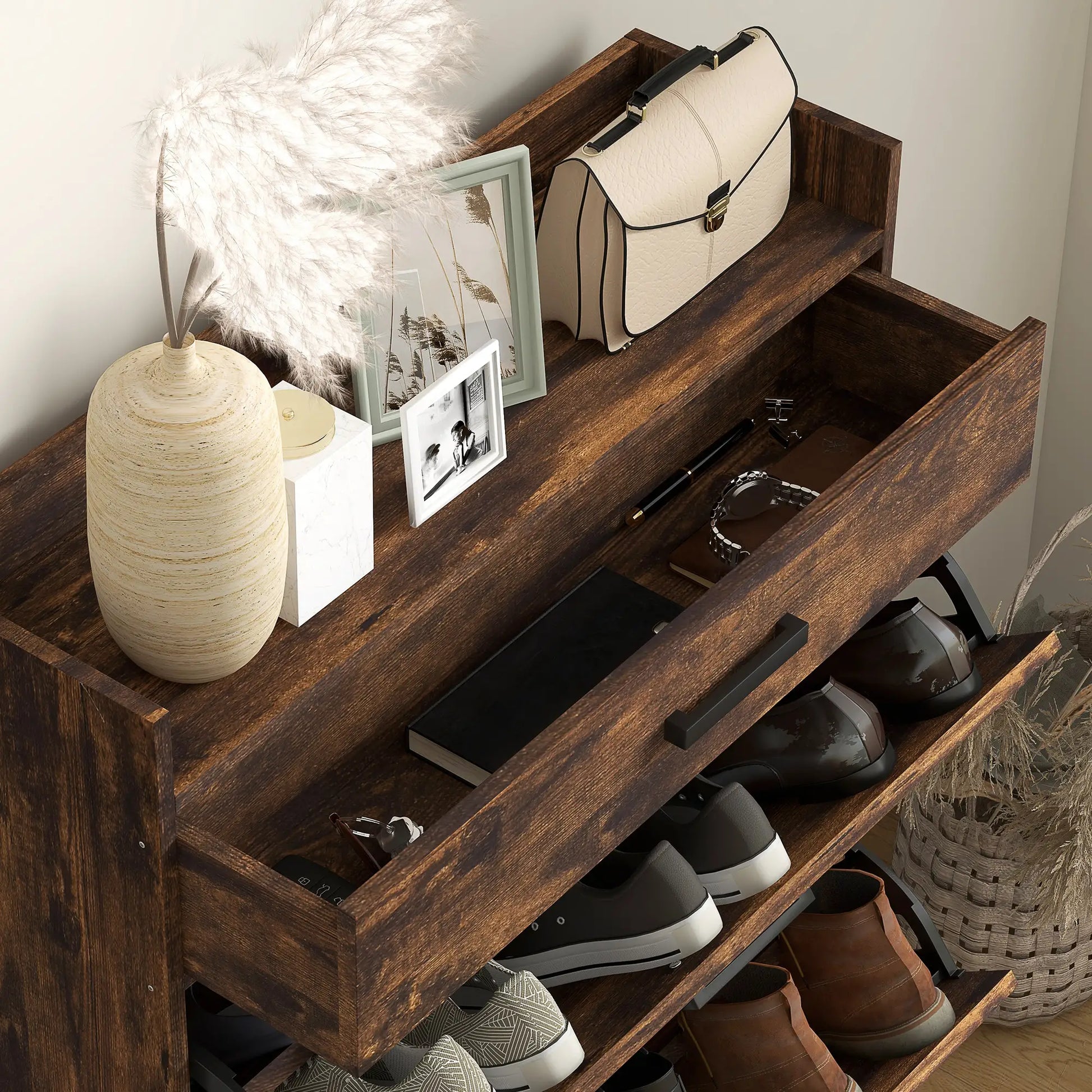 Slim Shoe Storage, 2 Flip Drawers, Adjustable Shelves, 12 Pair, Rustic Brown Shoe Storage Cabinets & Racks at Gallery Canada