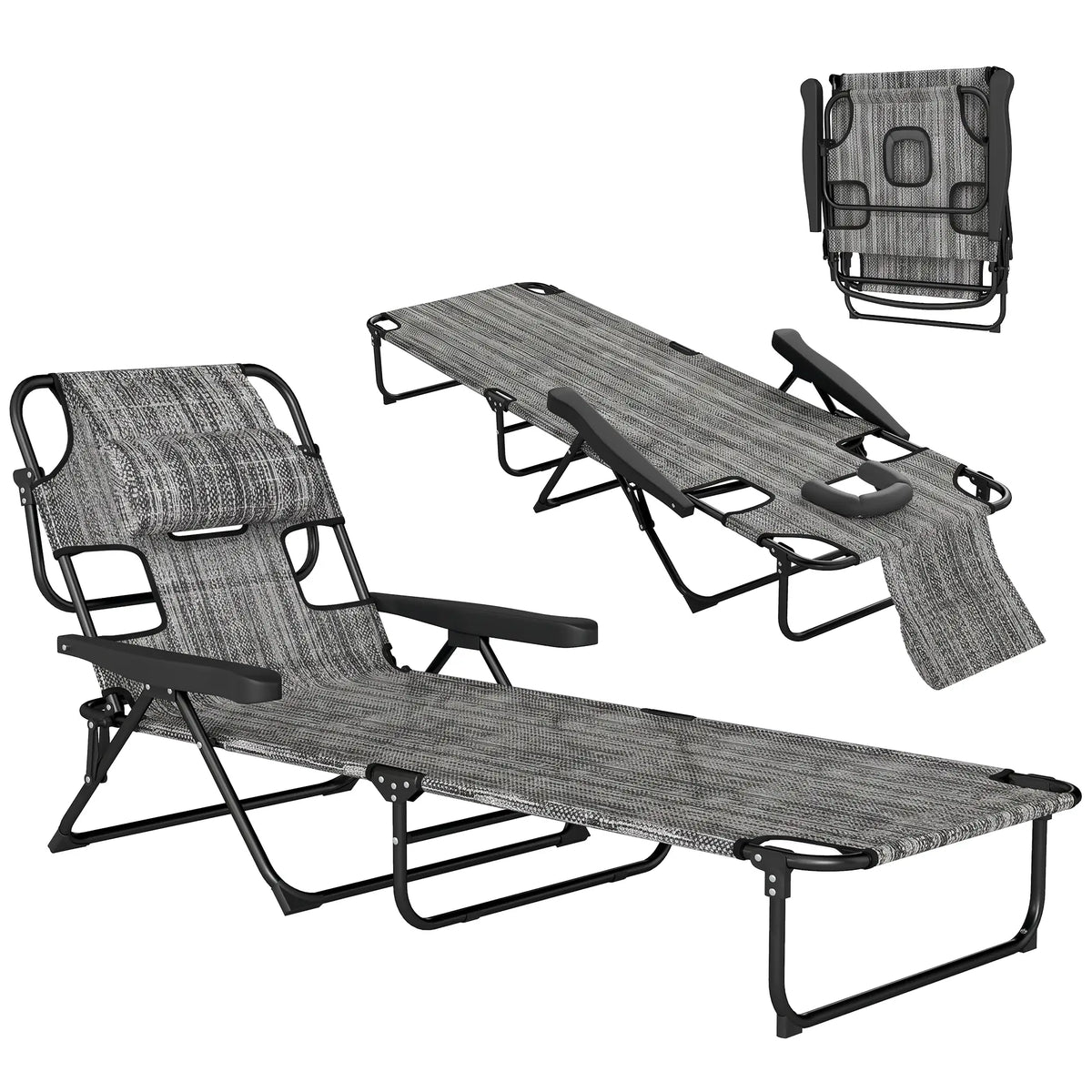 Folding Lounge Chair, Reclining Back, Mixed Grey, Grey