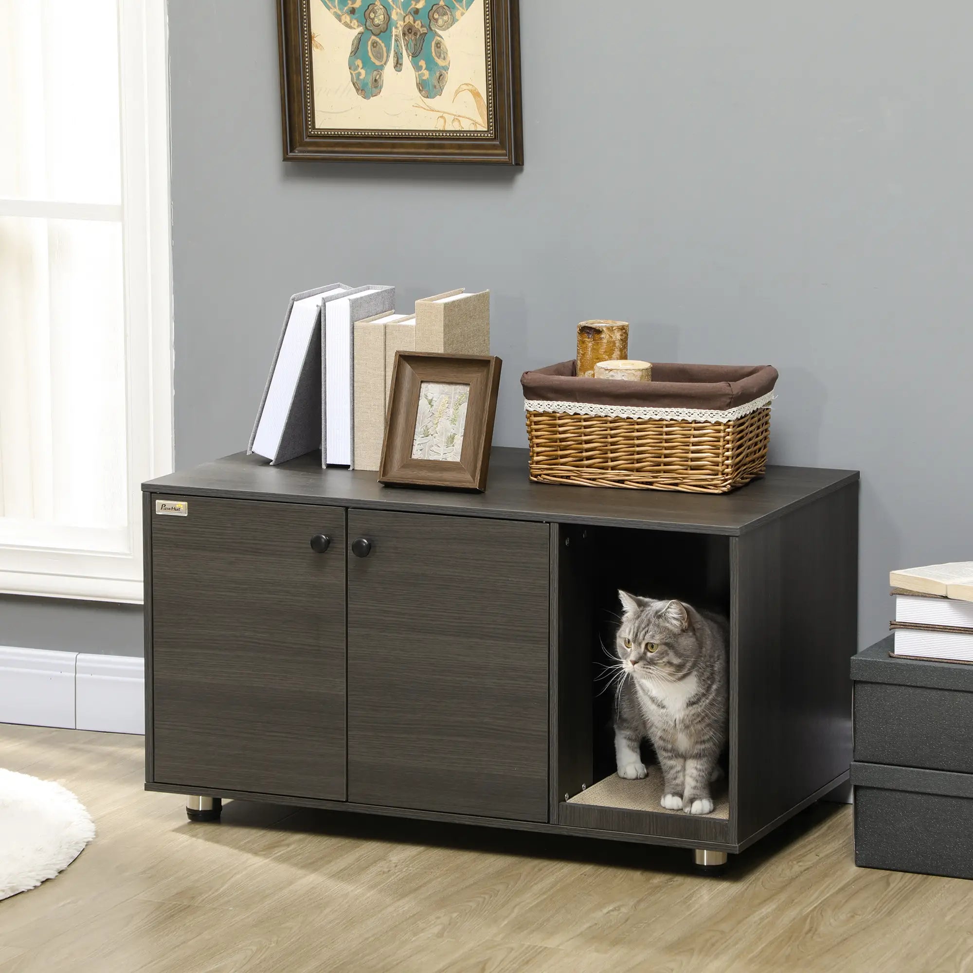 Hidden Cat Litter Box Furniture, Double Doors, Scratching Pad, Black Cat Litter Box Enclosures at Gallery Canada