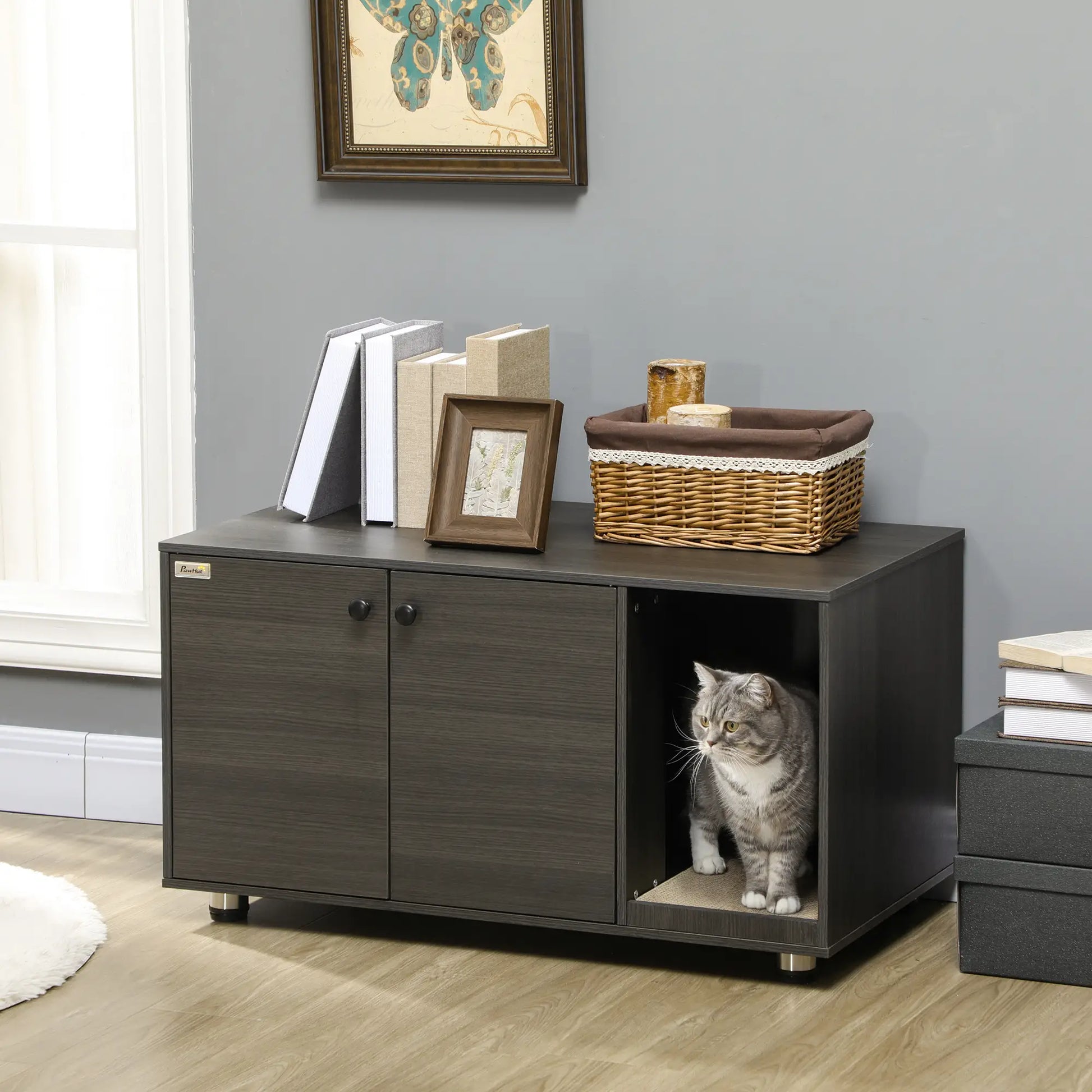 Hidden Cat Litter Box Furniture, Double Doors, Scratching Pad, Black Cat Litter Box Enclosures at Gallery Canada