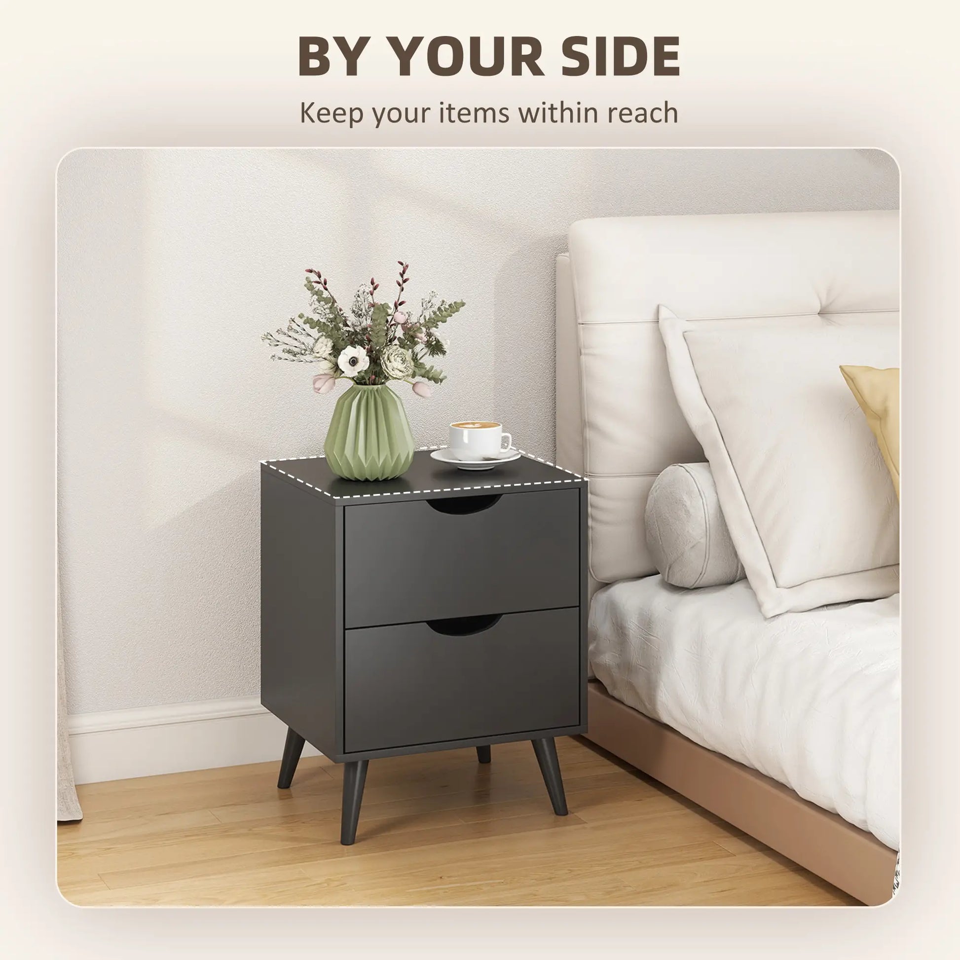 Modern Bedside Table Set Of 2, 2 Drawers, Pine Wood Legs, Black Bedside Tables at Gallery Canada