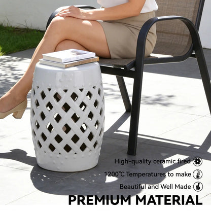 18" Ceramic Garden Stool, Woven Lattice Design, Indoor Outdoor, White Patio Chairs at Gallery Canada