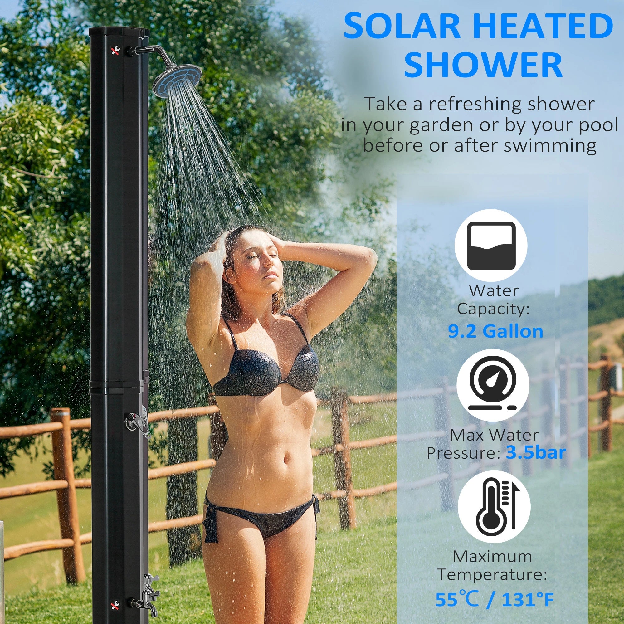 7ft Solar Heated Outdoor Shower, 360 Rotating Head, Adjustable Temperature Outdoor Swimming Pools & Hot Tubs at Gallery Canada