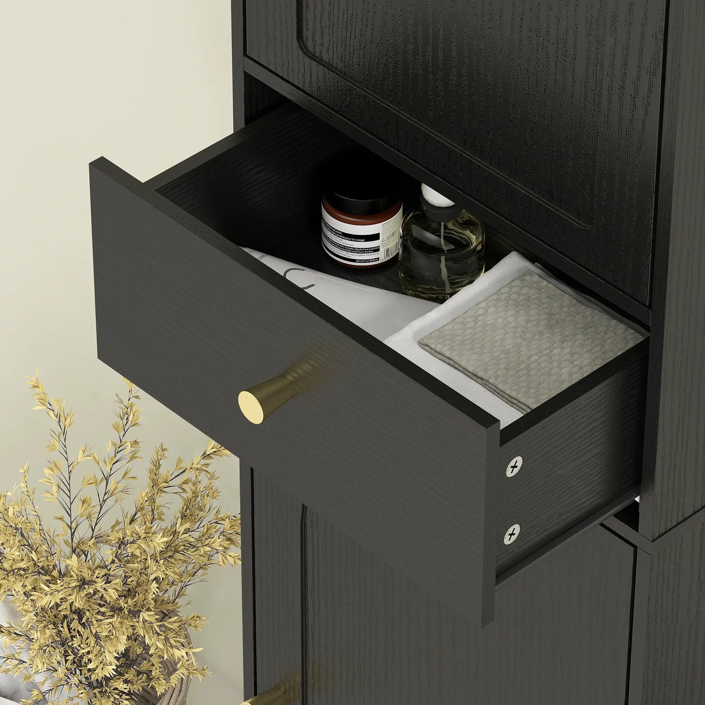 67" Tall Bathroom Cabinet, 2 Doors, Drawer, Adjustable Shelf, Black Wood Grain, Black Freestanding Bathroom Cabinets at Gallery Canada