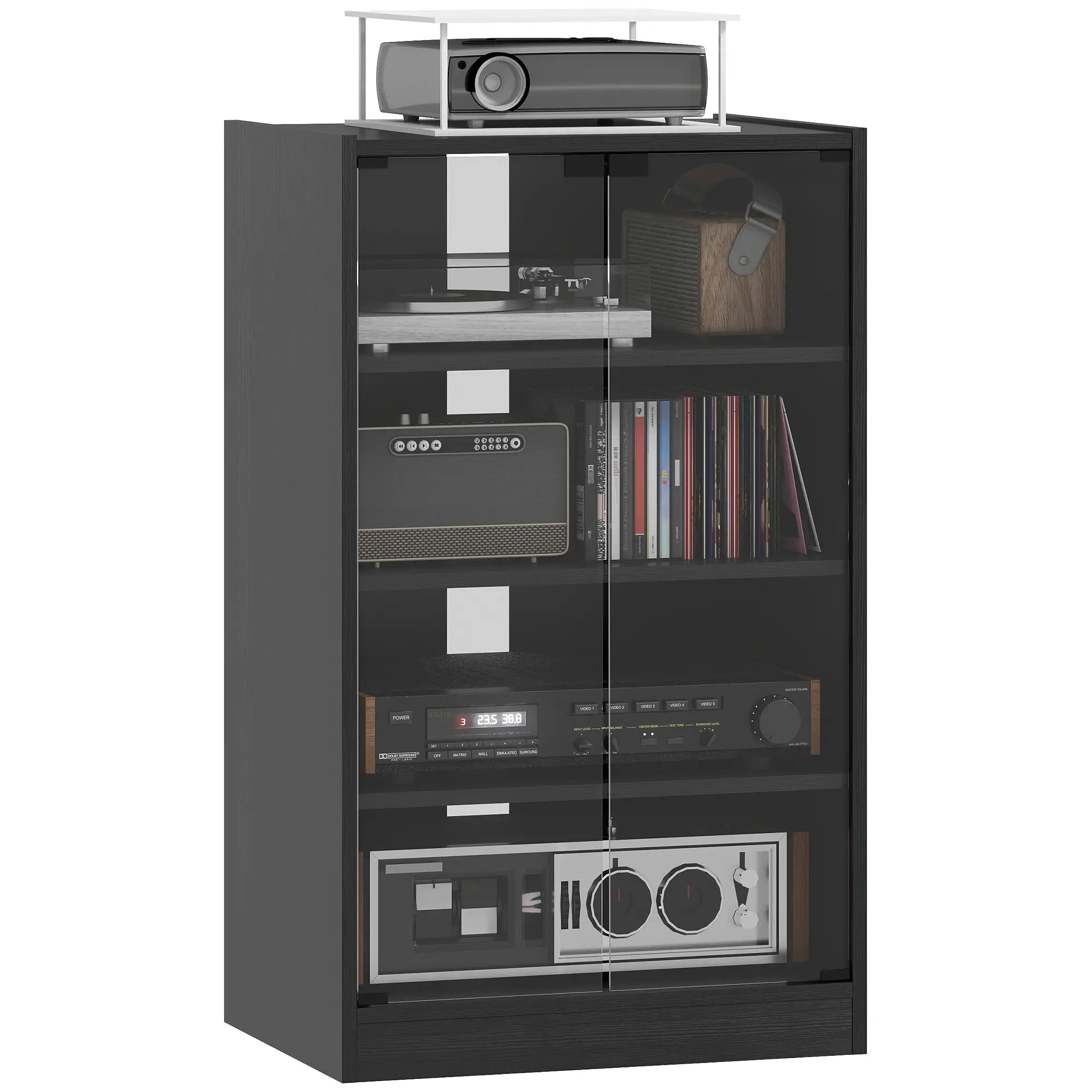 5-Tier AV Media Stand, Push Open Glass Doors, Adjustable Shelves, Distressed, Black Storage Cabinets Distressed Black at Gallery Canada