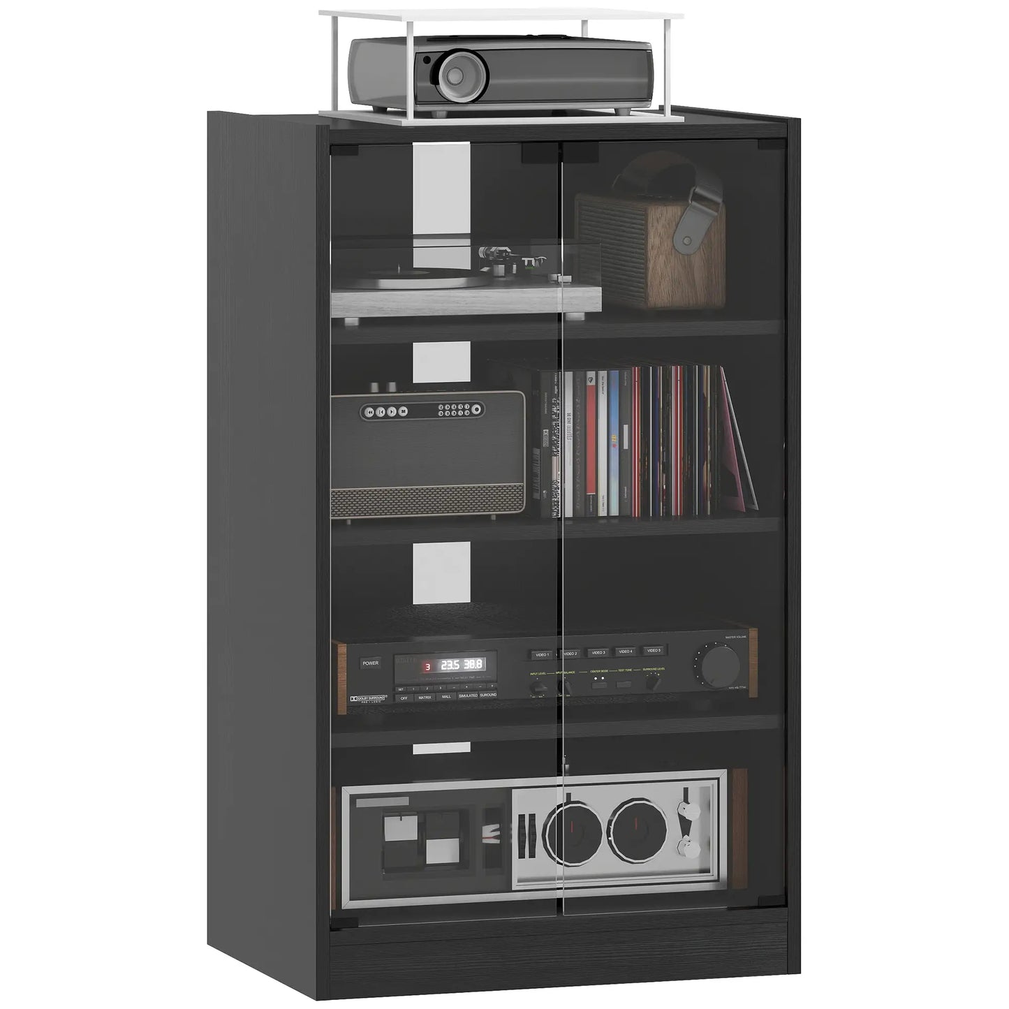 5-Tier AV Media Stand, Push Open Glass Doors, Adjustable Shelves, Distressed, Black Storage Cabinets Distressed Black at Gallery Canada