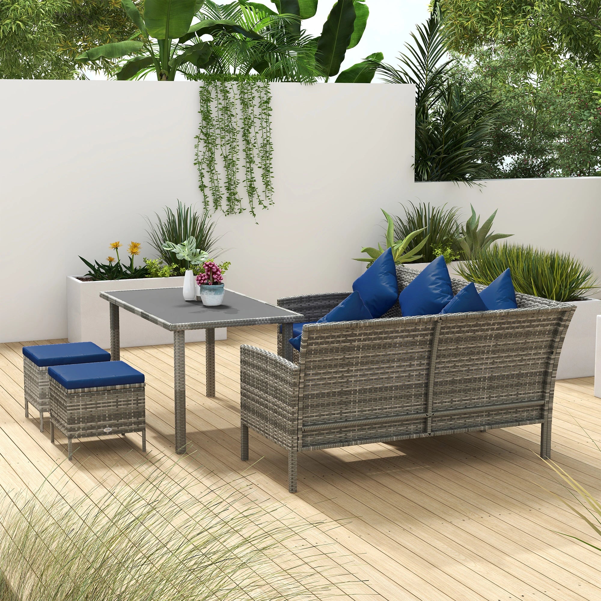 5-Piece Wicker Patio Set, Dining Table, Ottomans, Navy Blue Patio Furniture Sets at Gallery Canada