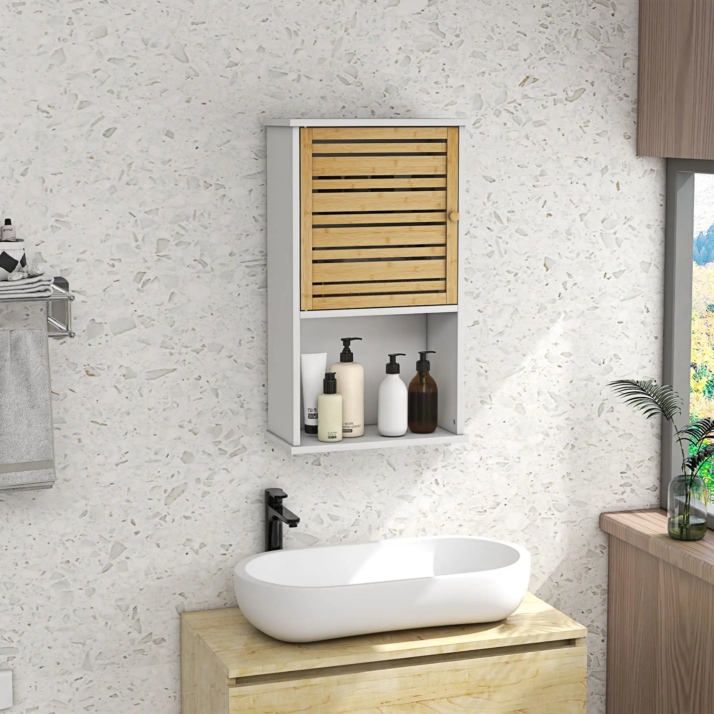 Wall Mounted Bathroom Cabinet, Bamboo Slat Door, Adjustable Shelf, White Wall Mounted Cabinets at Gallery Canada