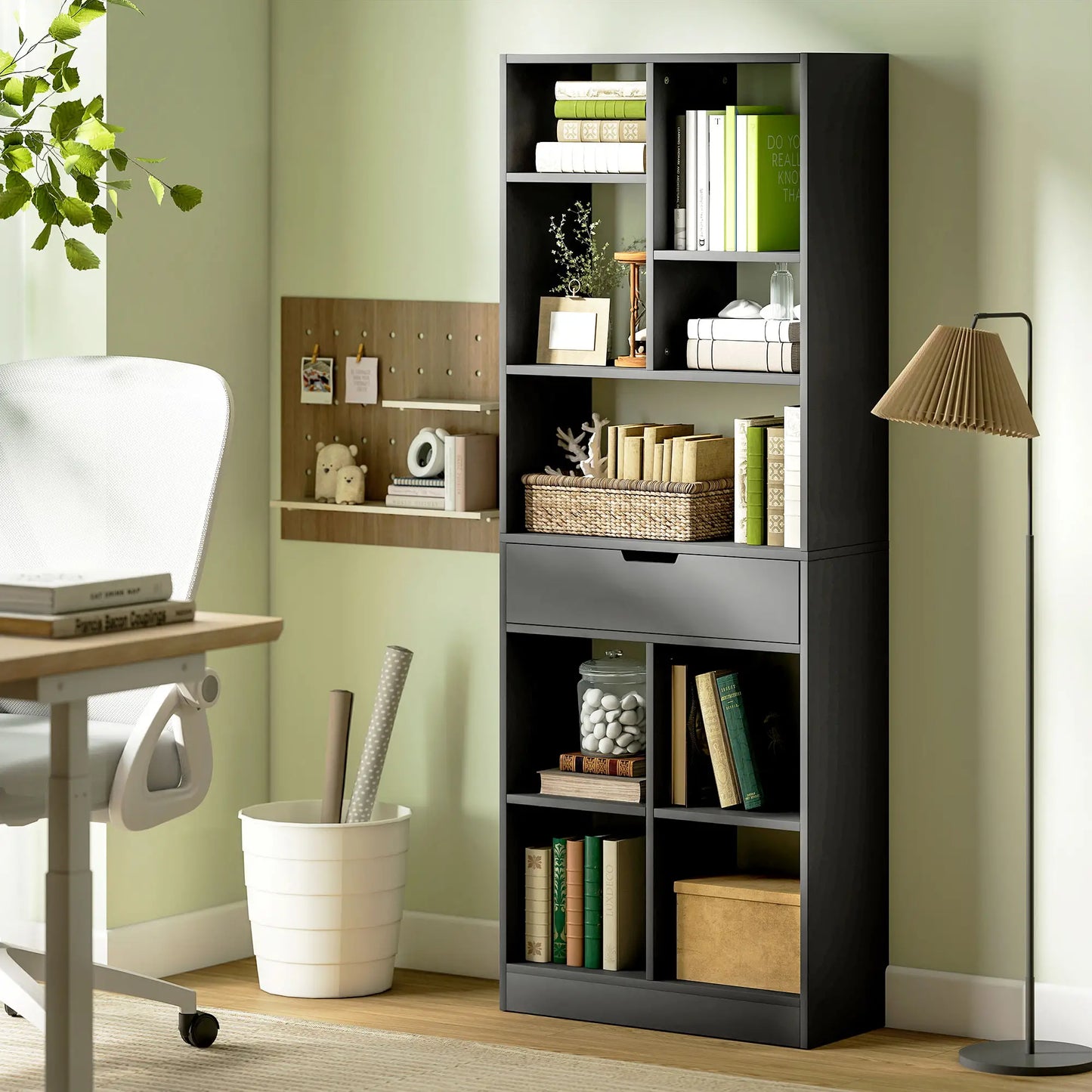 Tall Bookshelf with Drawer, Freestanding Bookcase, Black