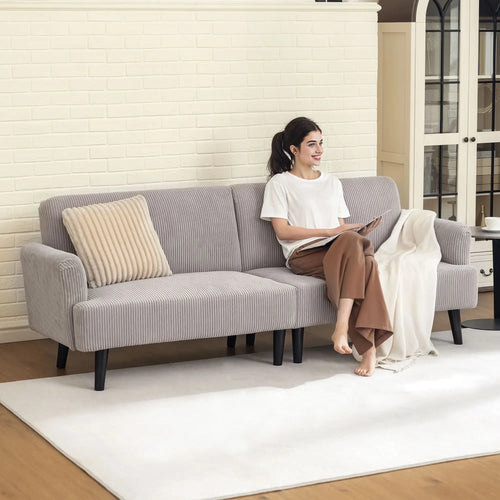 Modern 3 Seater Sofa, Corduroy Loveseat, Rubberwood Legs, Beige