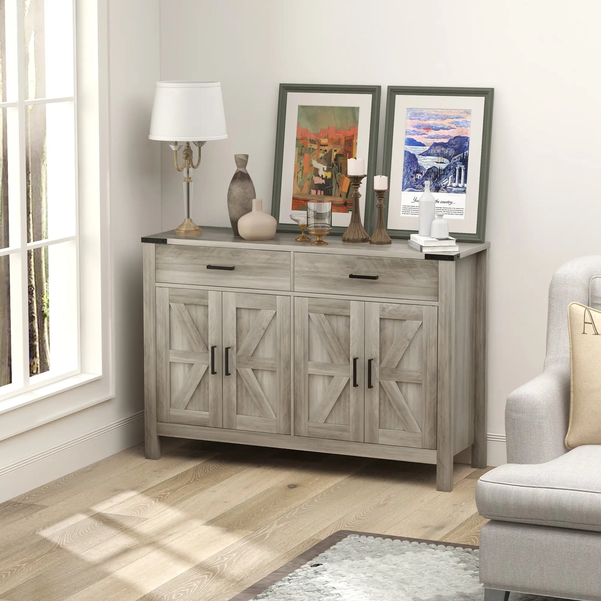 Farmhouse Buffet Cabinet, 2 Drawers, 2 Cabinets, Adjustable Shelves, Grey Bar Cabinets at Gallery Canada