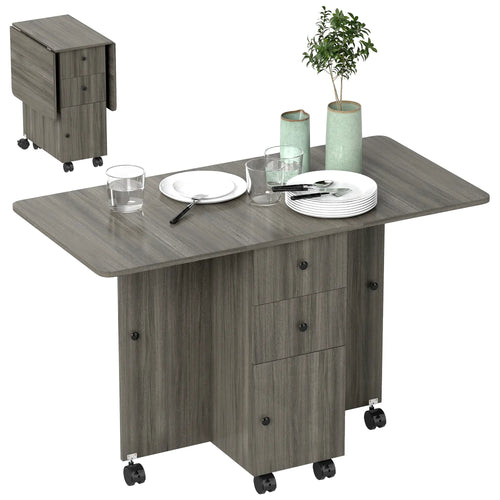 Foldable Dining Table, Rolling Kitchen Table with Storage, Grey