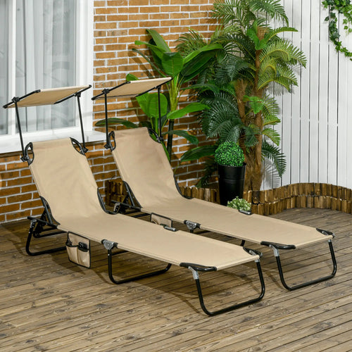 2 Piece Folding Chaise Lounges, Reclining Back, Sunshade, Pool, Beach, Patio