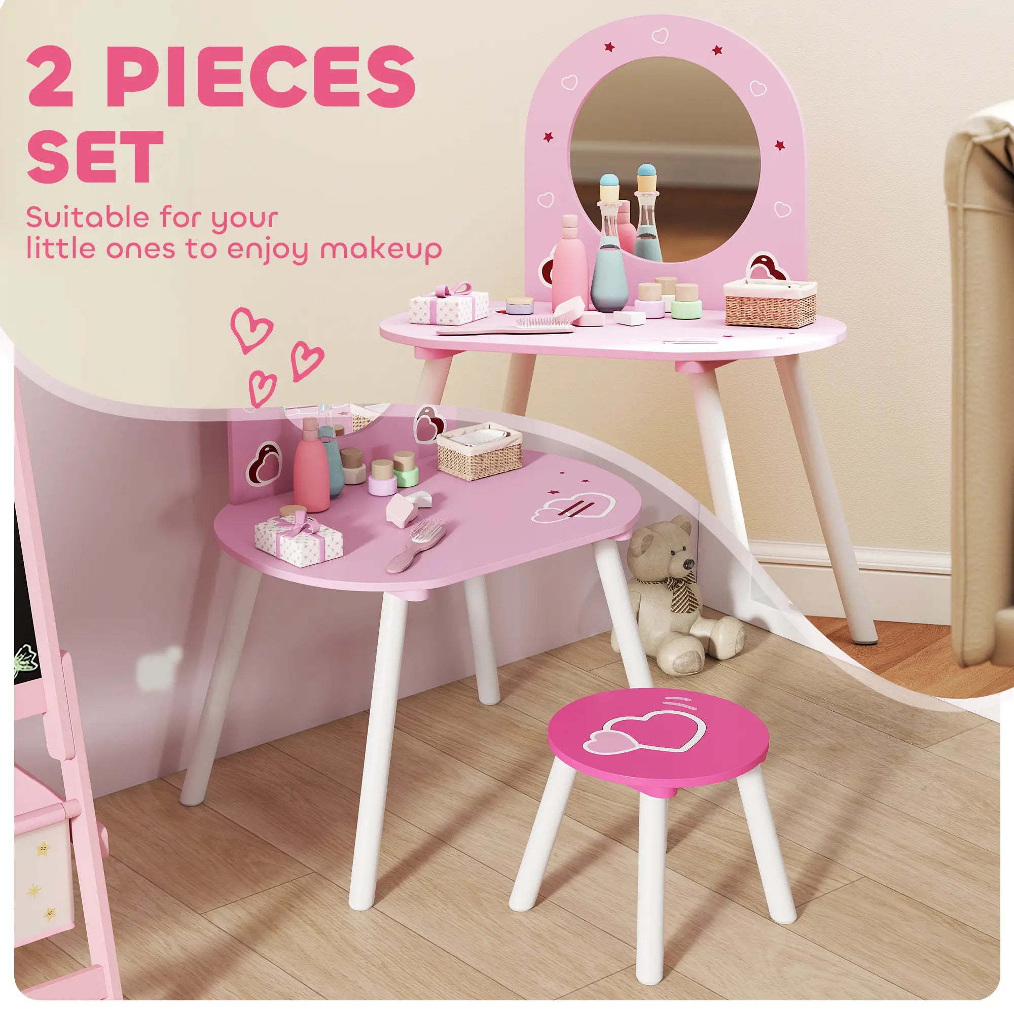 Kids Dressing Table with Mirror and Stool, Girls Vanity Set, Pink Toy Vanity at Gallery Canada