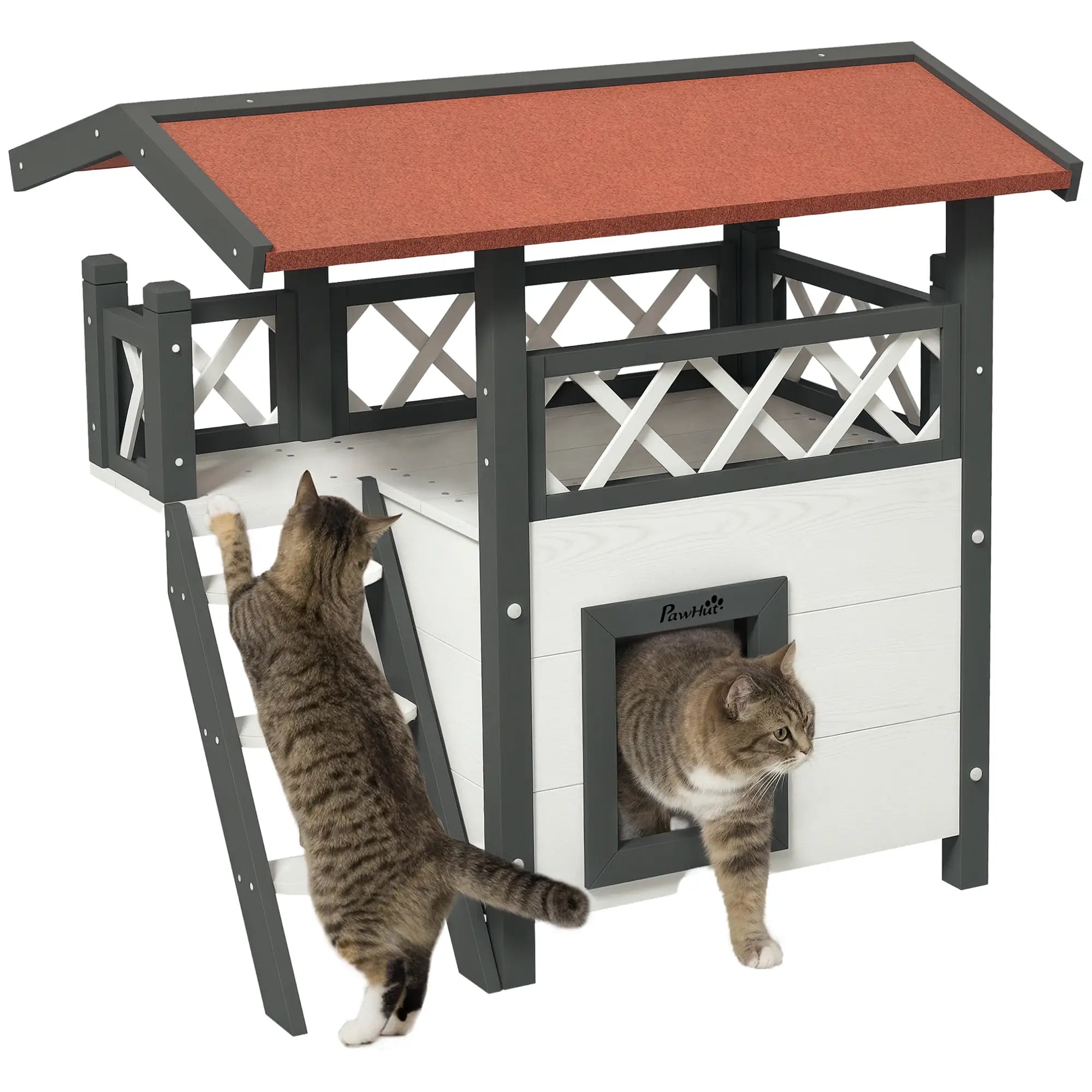 Wooden 2-Story Cat Shelter, Asphalt Roof, Stairs, Balcony, 30