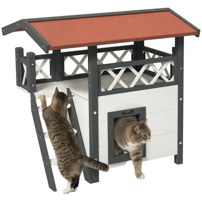 Wooden 2-Story Cat Shelter, Asphalt Roof, Stairs, Balcony, 30" x 20" x 29", White Cat Houses at Gallery Canada
