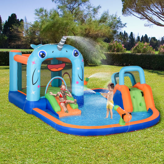 5-in-1 Inflatable Water Slide, Narwhals Style Kids Castle Bounce House Includes with Slide Trampoline Pool Water Gun Climbing Wall, Carry Bag, 450W Air Blower - Gallery Canada