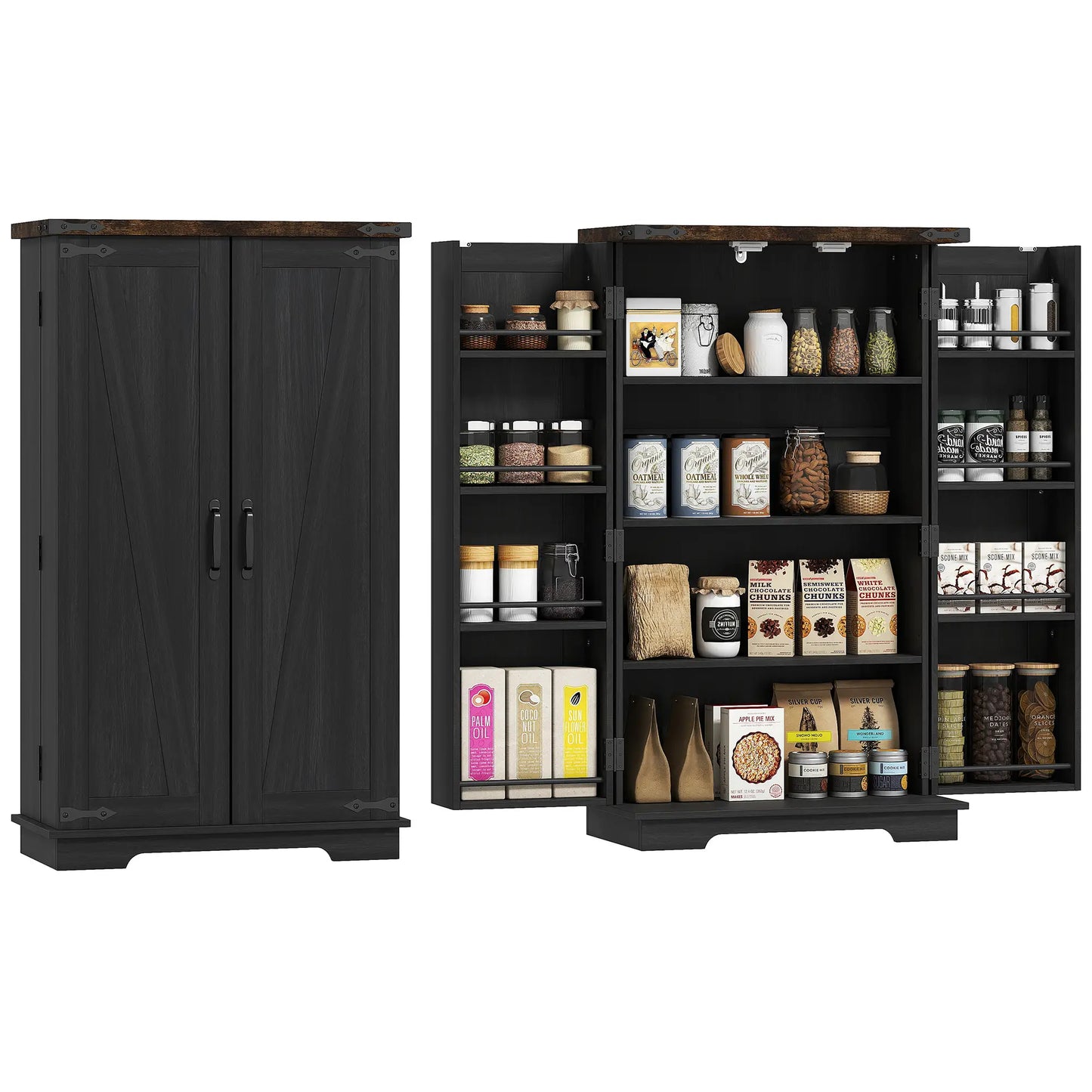 Farmhouse Kitchen Pantry Cabinet, Adjustable Shelves, Black Kitchen Pantry Cabinets at Gallery Canada
