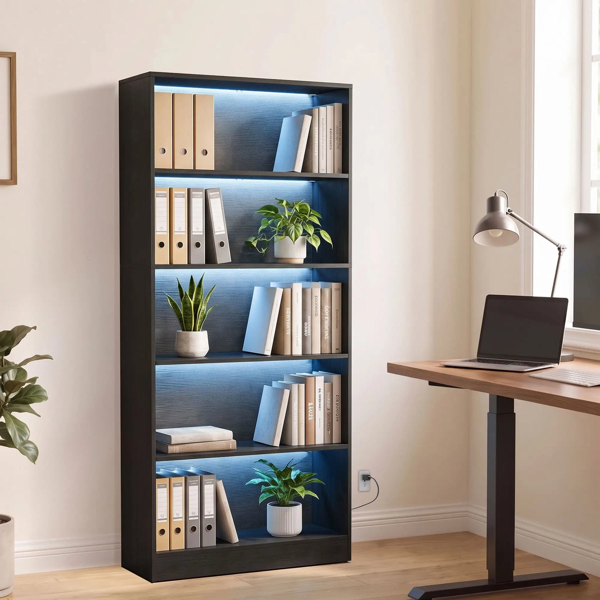 5-Tier Bookshelf With LED Lights, Cable Holes, Black Wood Grain