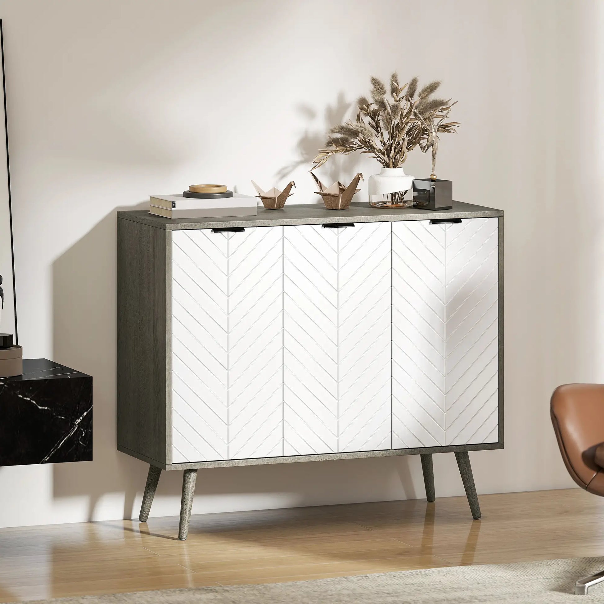 Modern Sideboard Buffet, Dining Room Cabinet, Adjustable Shelves, 3 Doors, Grey Storage Cabinets at Gallery Canada