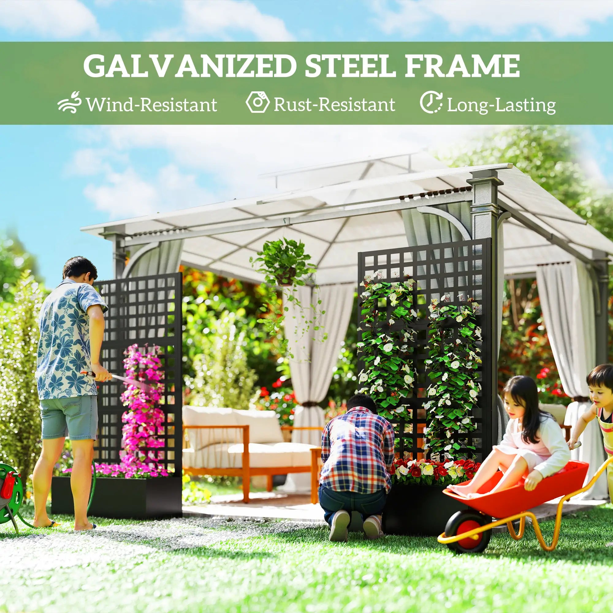 Galvanized Raised Garden Bed, Trellis for Climbing Plants, 35