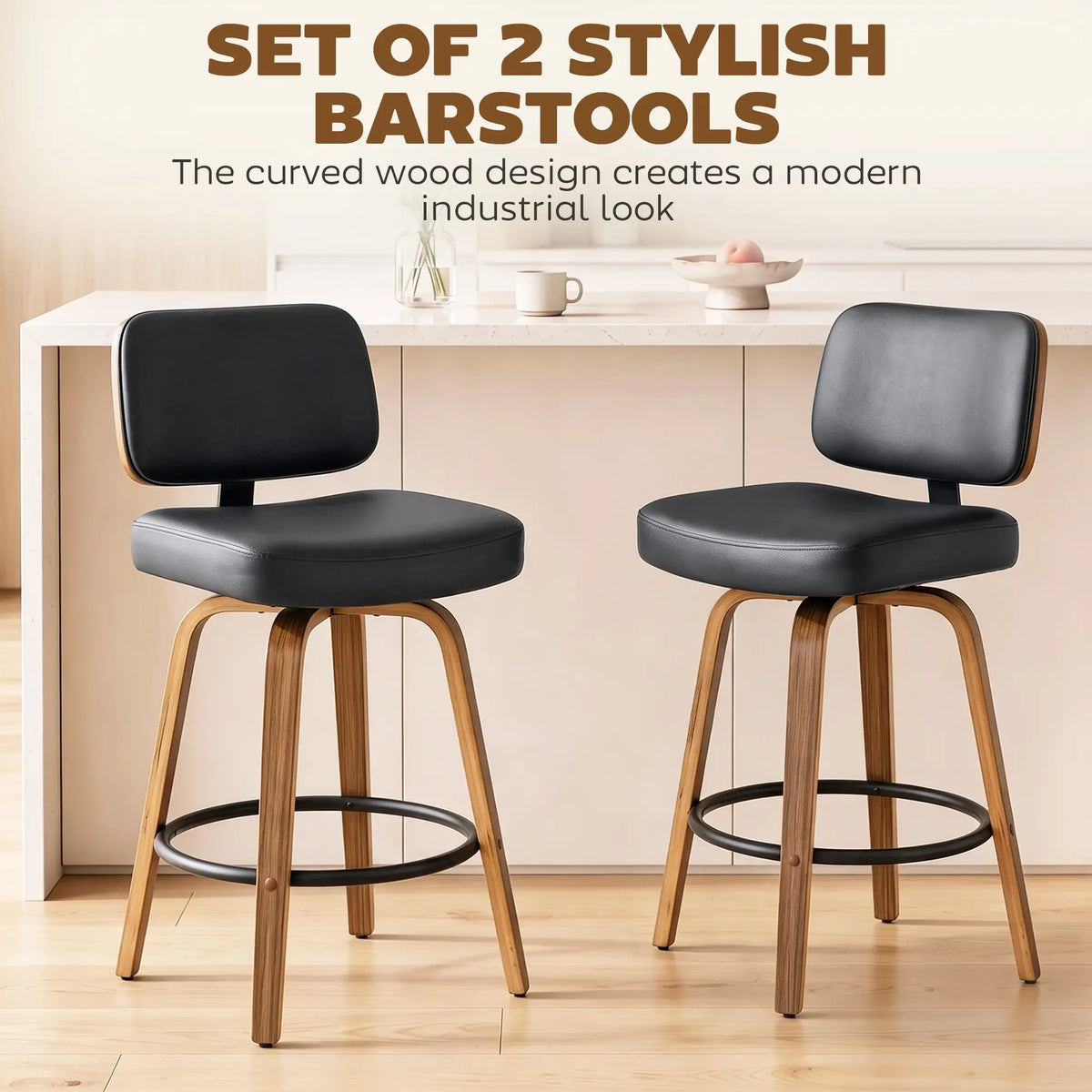Swivel Bar Stools Set of 2, PU Leather, Black Bar Stools at Gallery Canada