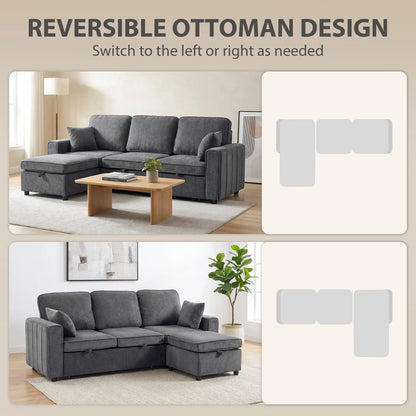 Modular Sectional Sofa Bed With Reversible Ottoman, Dark Grey
