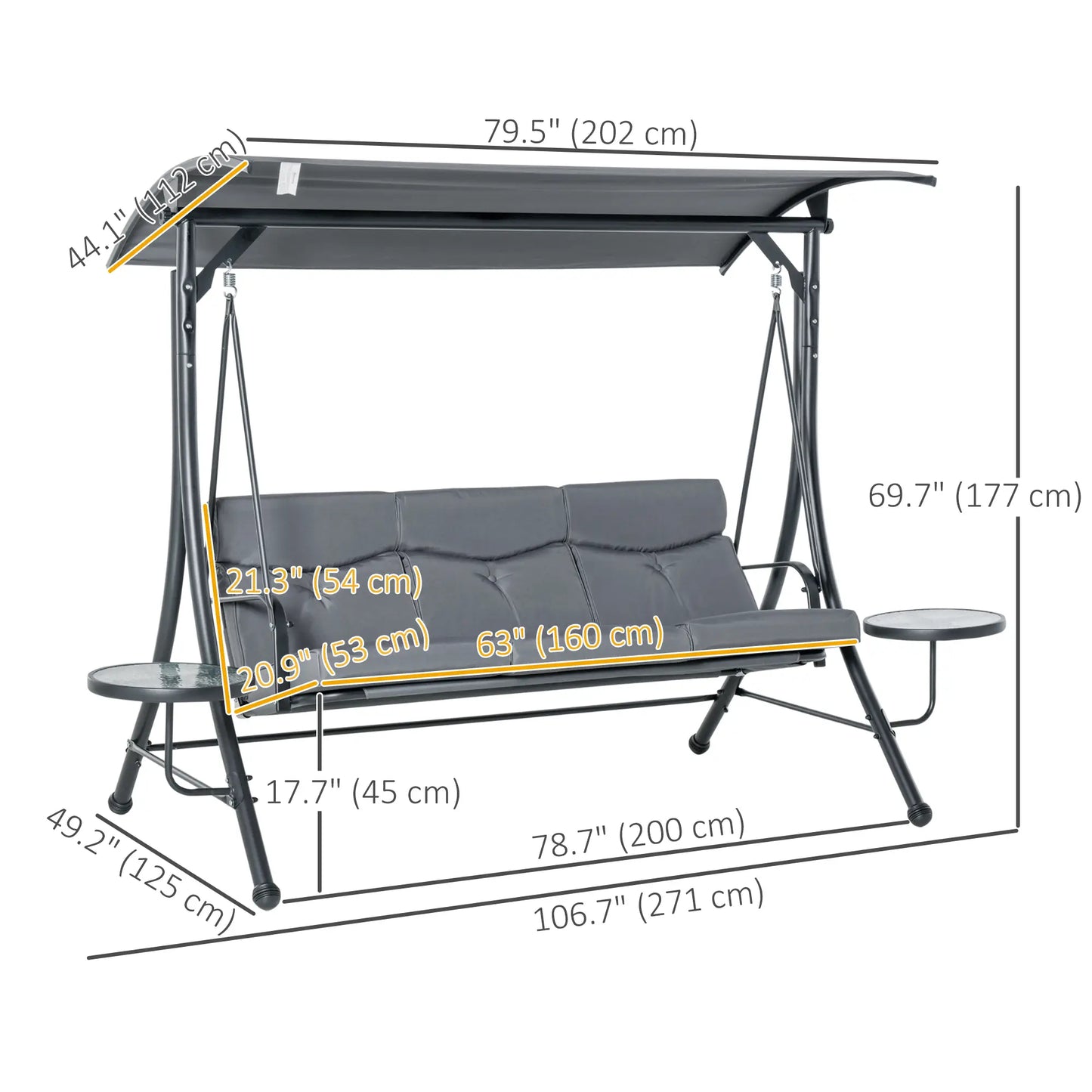 3 Seat Outdoor Swing Chair, Steel Bench With Canopy, Coffee Tables, Cushion, Dark Grey Patio Swings with Stand at Gallery Canada
