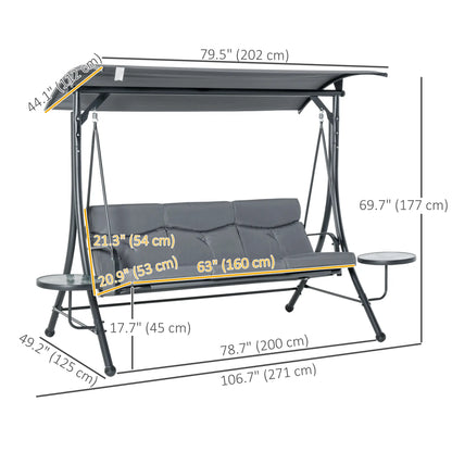 3 Seat Outdoor Swing Chair, Steel Bench With Canopy, Coffee Tables, Cushion, Dark Grey Patio Swings with Stand at Gallery Canada