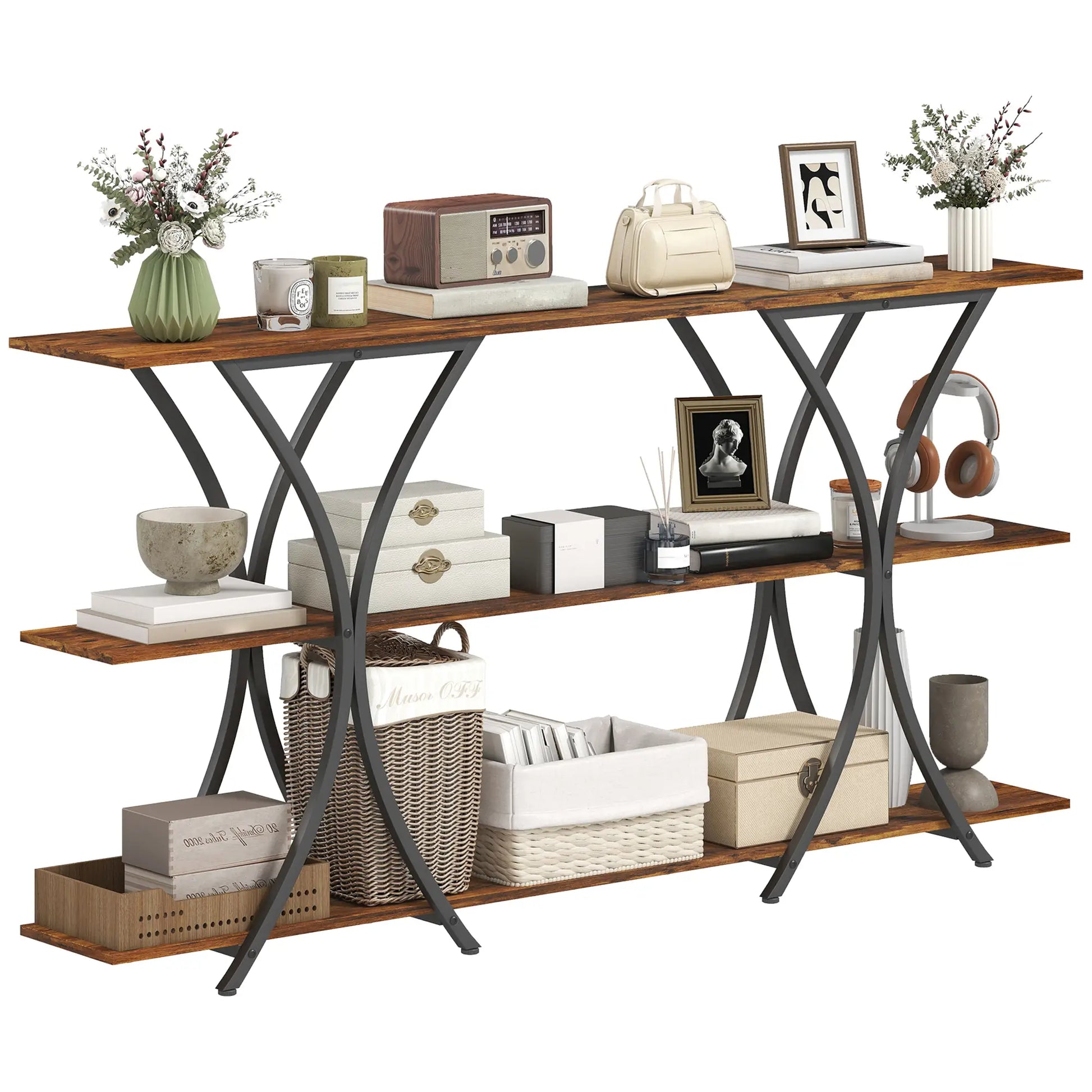 71 Inch Console Table, 3-Tier Industrial with 2 Shelves, Rustic Brown Console Tables at Gallery Canada