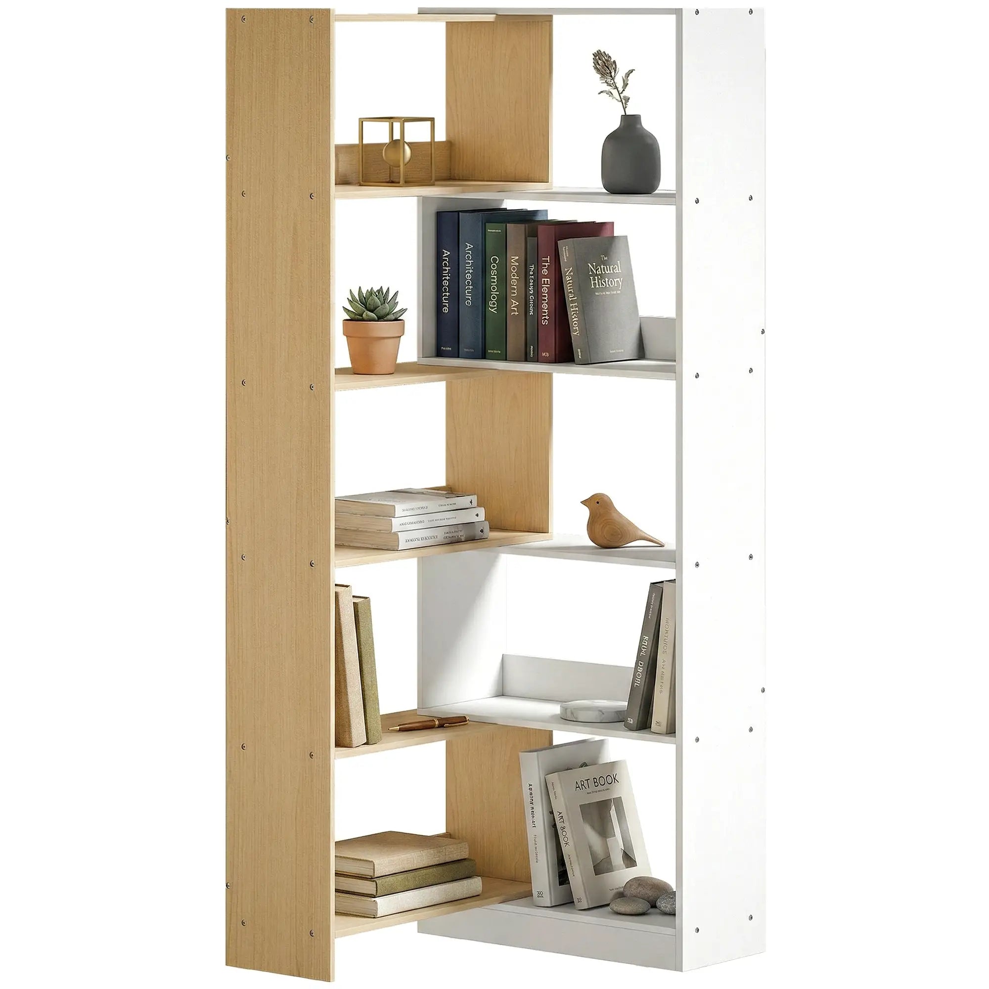 Corner Bookshelf, 5-Tier L-Shaped Bookcase with 350° Rotating Design, Two-Tone Design, Fruitwood/White Display Bookshelves Fruitwood, White at Gallery Canada