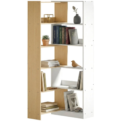 Corner Bookshelf, 5-Tier L-Shaped Bookcase with 350° Rotating Design, Two-Tone Design, Fruitwood/White Display Bookshelves Fruitwood, White at Gallery Canada