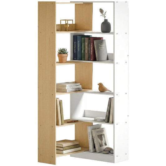 Corner Bookshelf, 5-Tier L-Shaped Bookcase with 350° Rotating Design, Two-Tone Design, Fruitwood/White Display Bookshelves Fruitwood, White at Gallery Canada