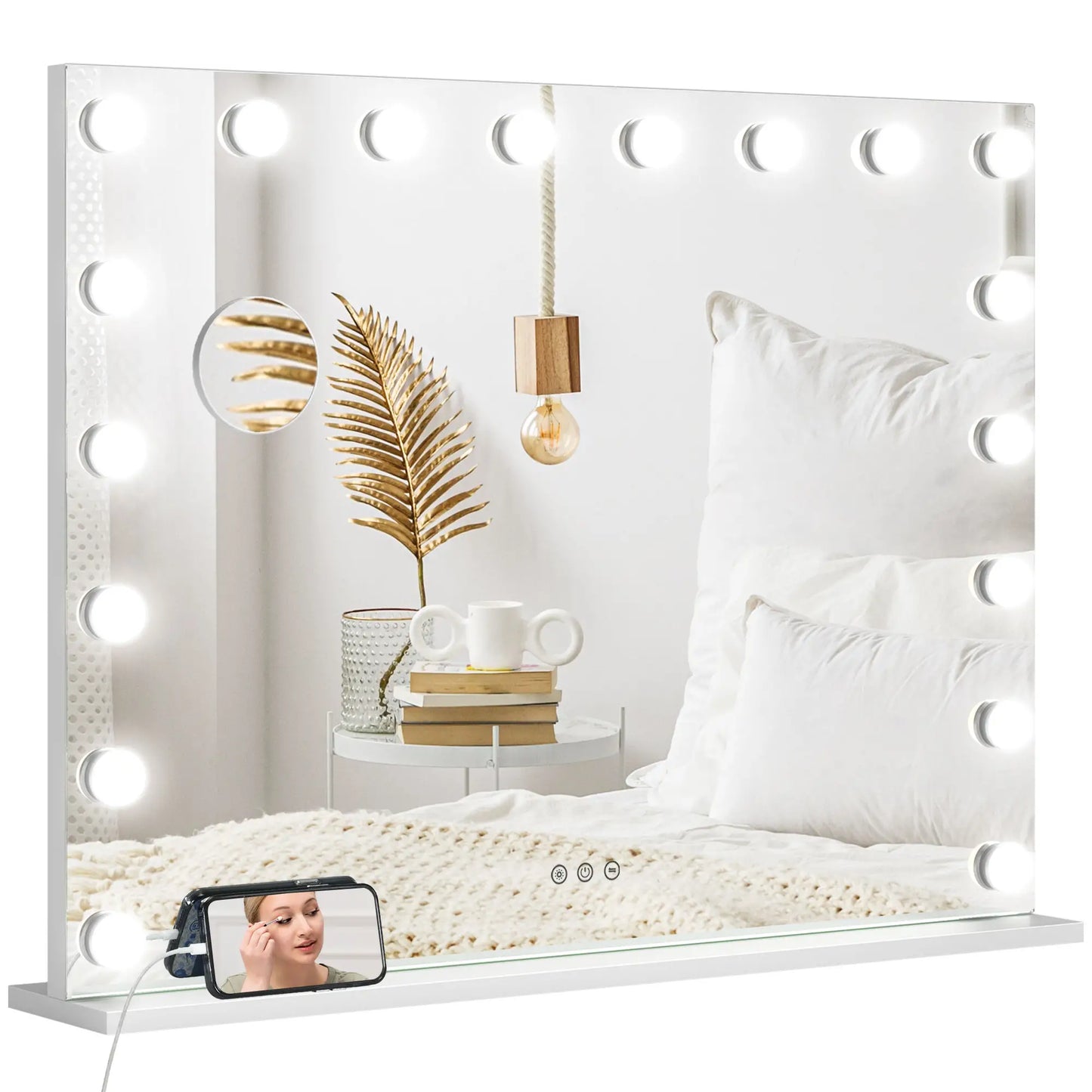 Hollywood Vanity Mirror With Lights, 31.5" x 24.4", White, 3 Colour, 10X Magnifying, USB Port, White