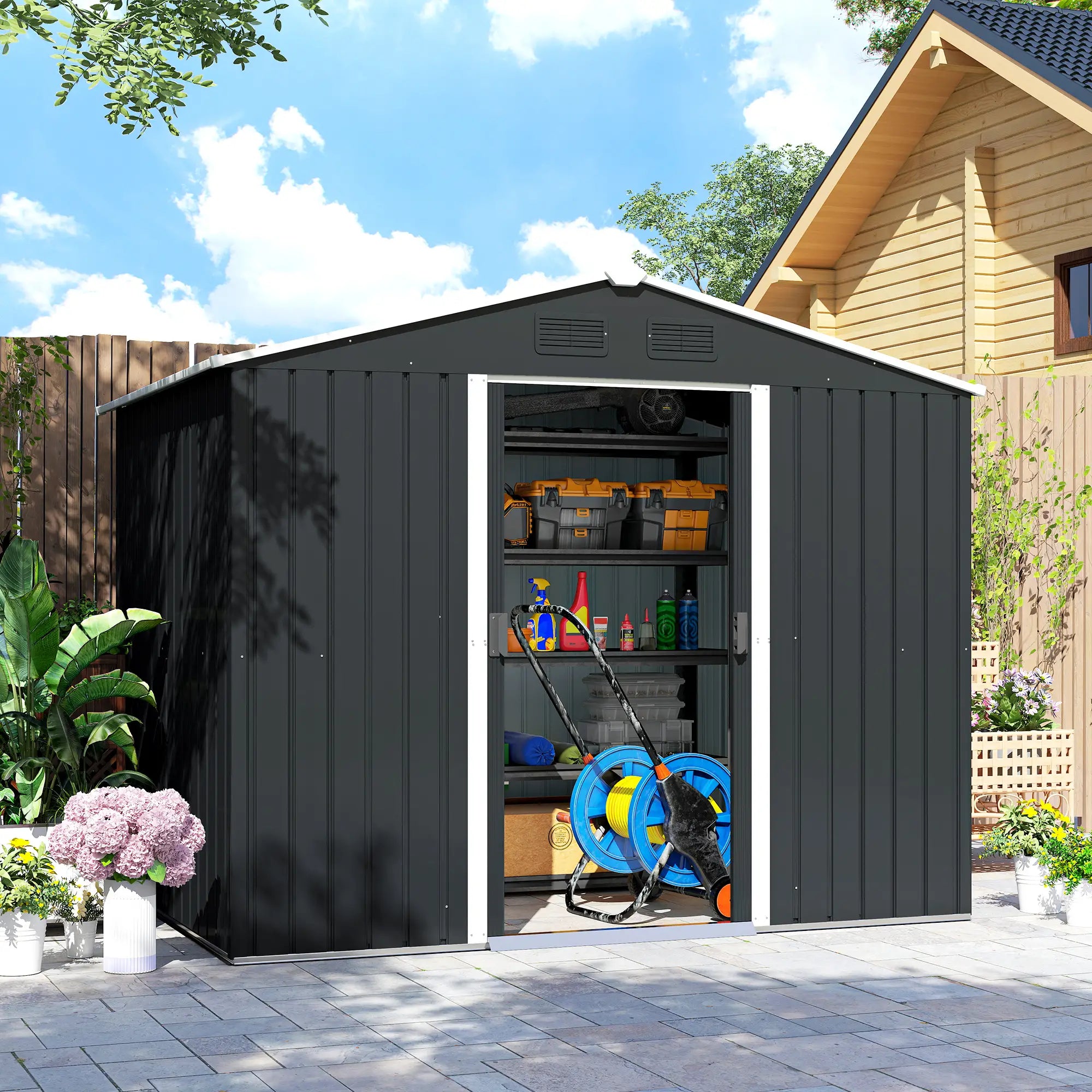 8' x 6' Outdoor Storage Shed, Metal Garden Tool House, Lockable Doors, Charcoal Grey Sheds at Gallery Canada