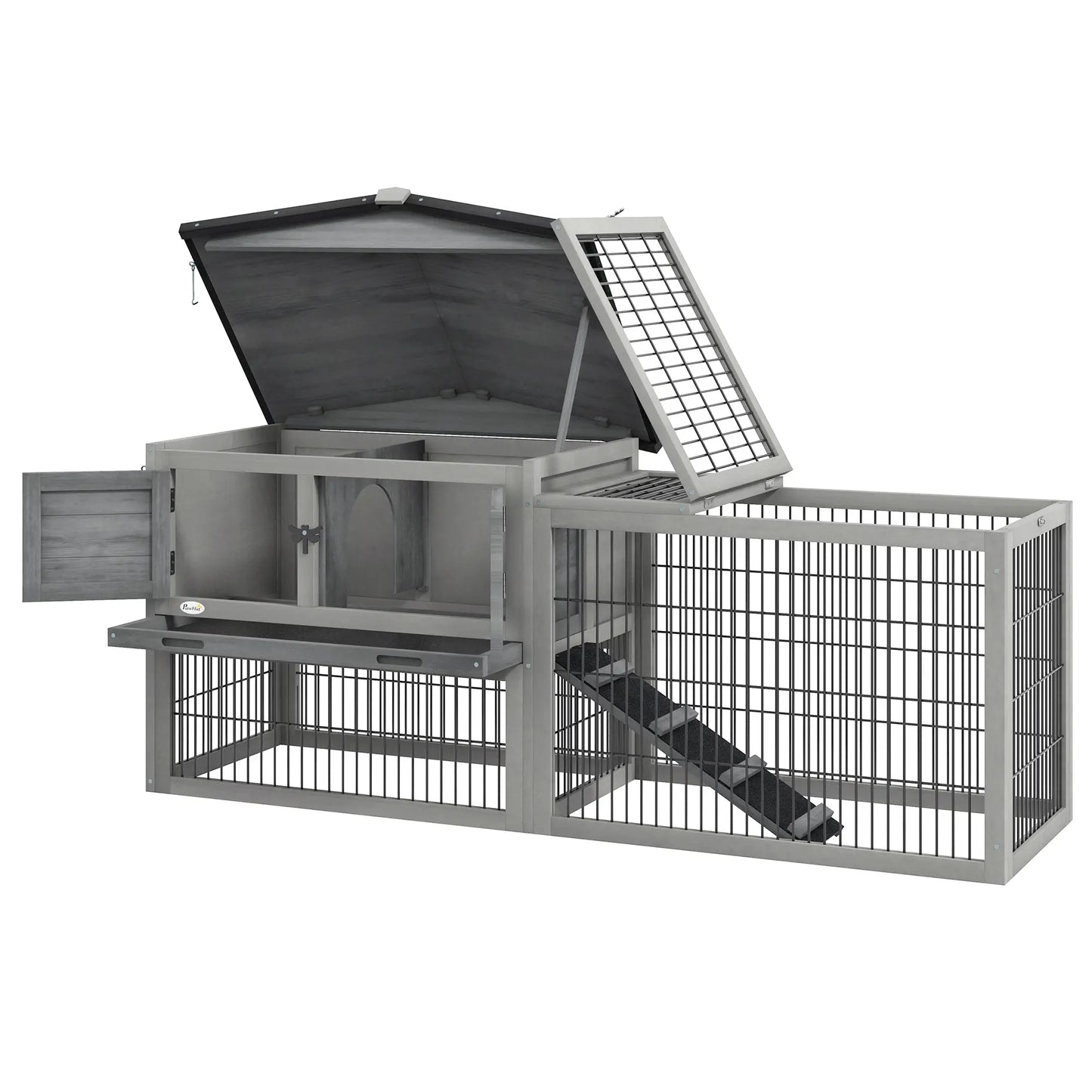 Wood Rabbit Hutch With Ramp, Openable Roof, Pull Out Tray, Light Grey Rabbit Hutch Light Grey at Gallery Canada