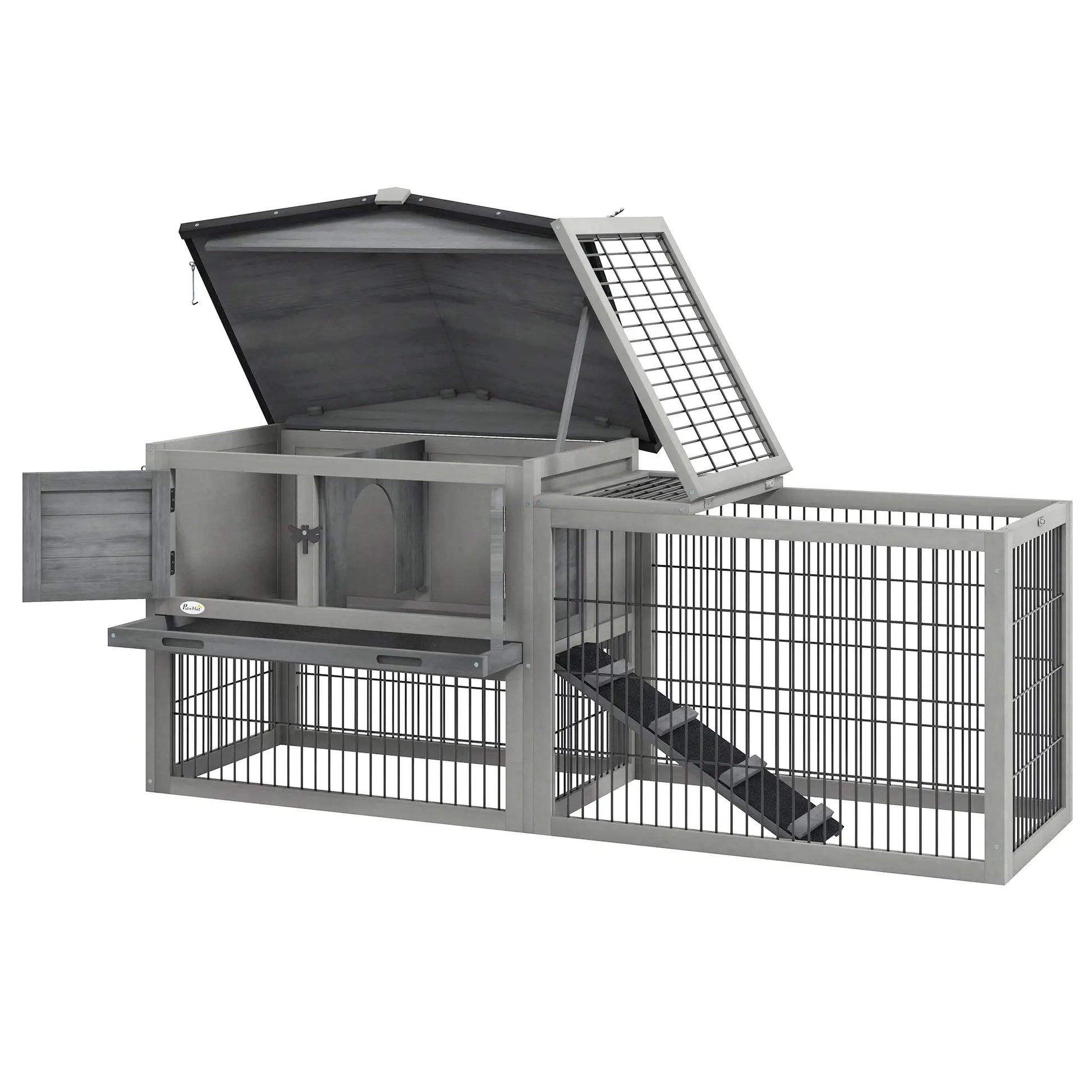 Wood Rabbit Hutch With Ramp, Openable Roof, Pull Out Tray, Light Grey Rabbit Hutch Light Grey at Gallery Canada
