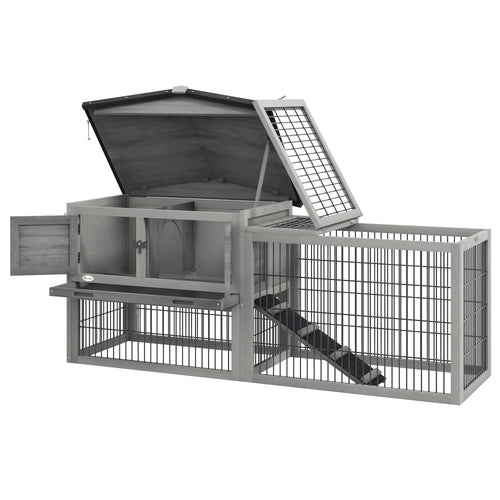 Wood Rabbit Hutch With Ramp, Openable Roof, Pull Out Tray, Light Grey