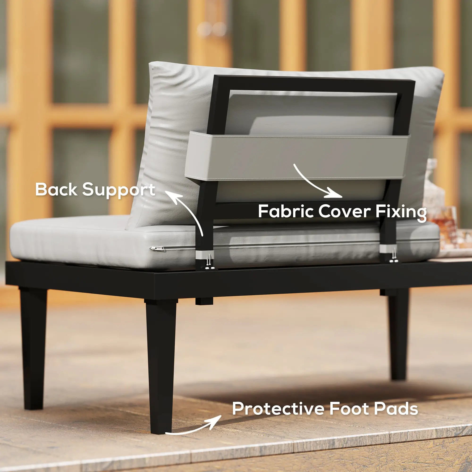 2 Seater Patio Sofa, Outdoor Couch with Wood Tray, Cushions, Grey Patio Chairs at Gallery Canada