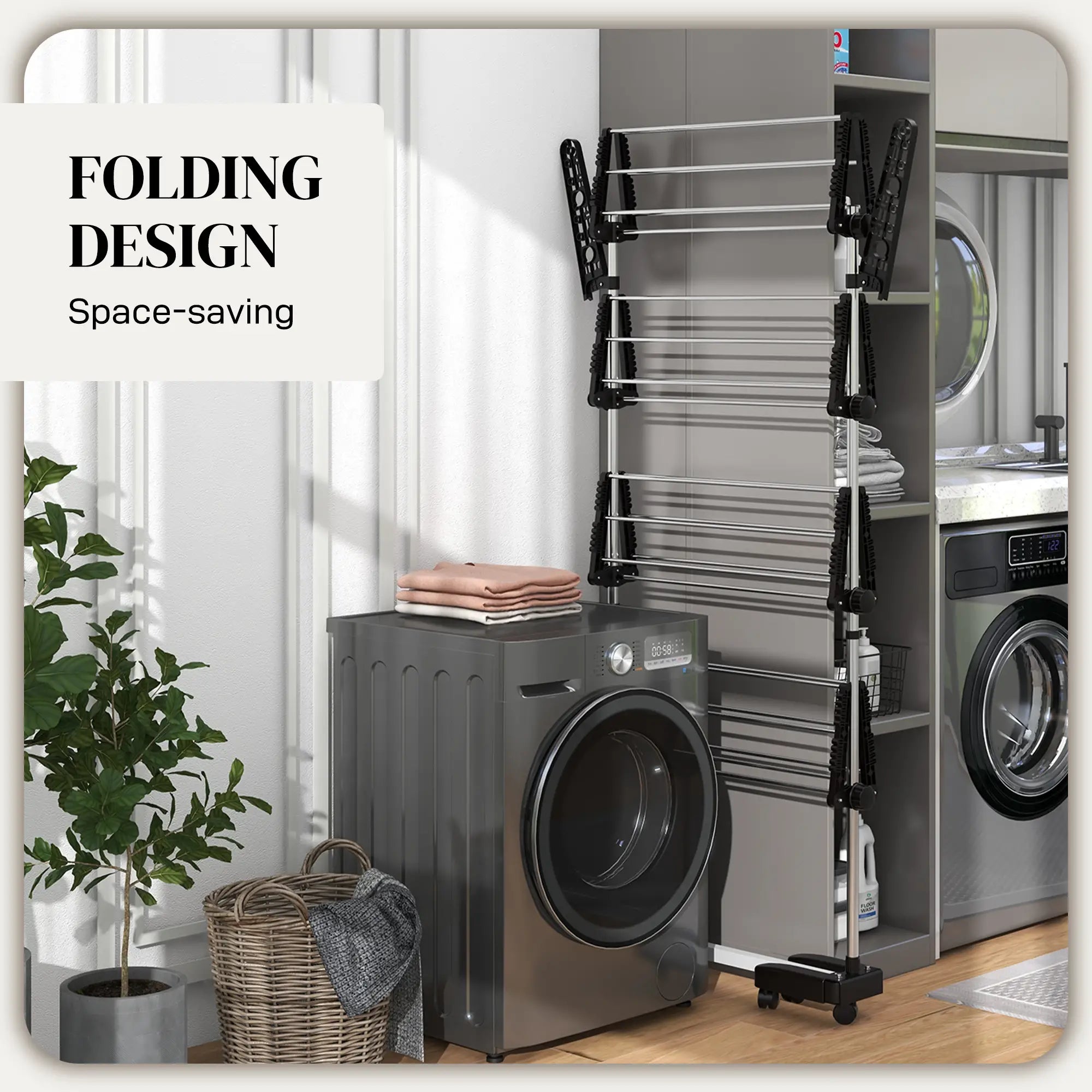 Stainless Steel Folding Clothes Drying Rack, Side Wings, Castors, Indoor Outdoor, Black Bath Accessories at Gallery Canada