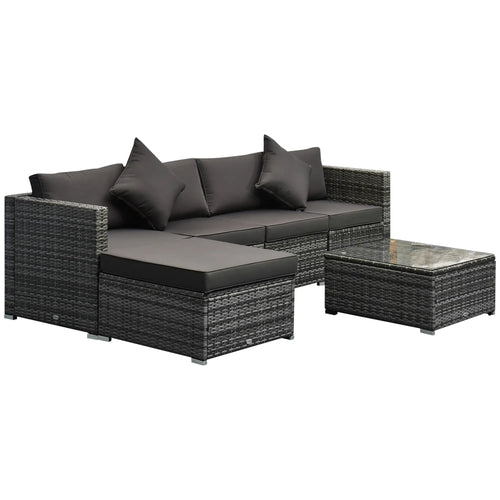 6-Piece Outdoor PE Rattan Sofa Set, Thick Cushions, Glass Top Table, Charcoal, Mixed Grey