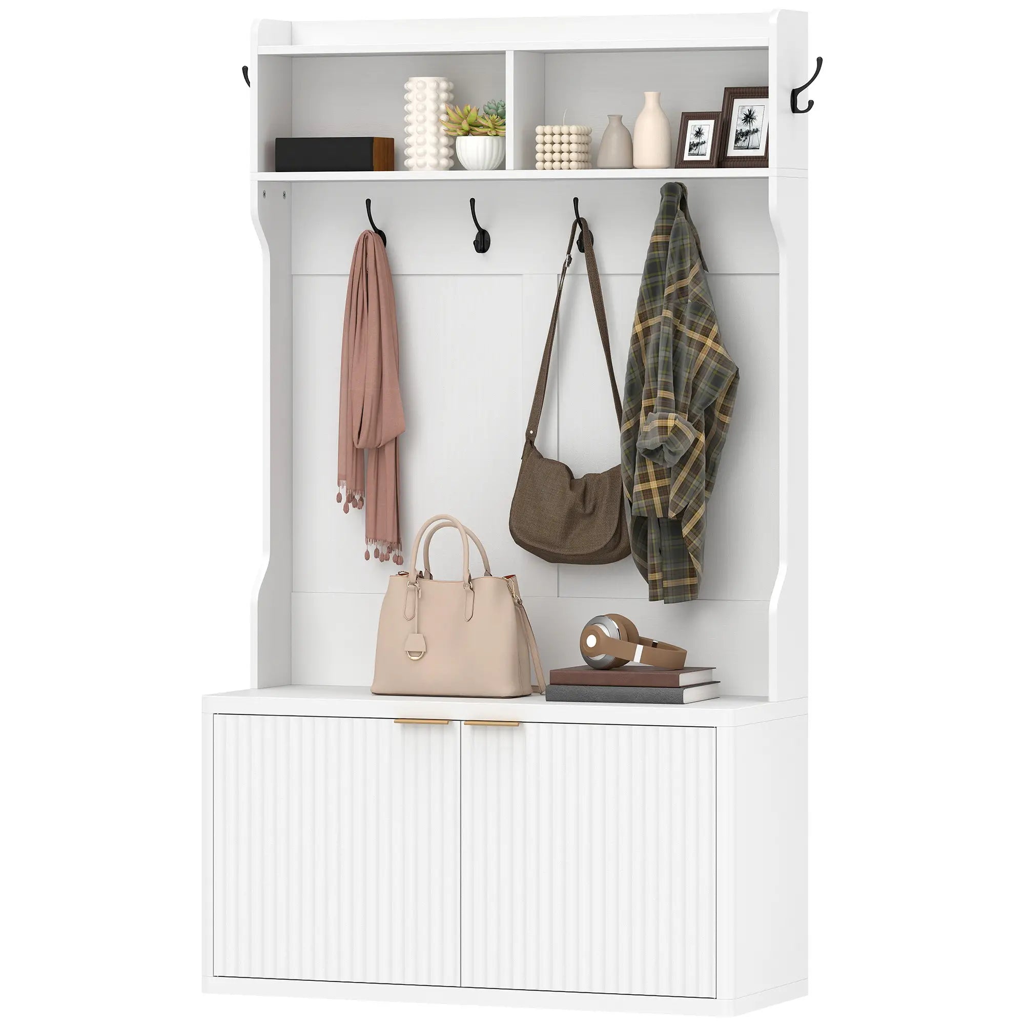 4-In-1 Hall Tree With Shoe Bench, Modern Coat Rack With Open Shelf, White Clothing Storage White at Gallery Canada