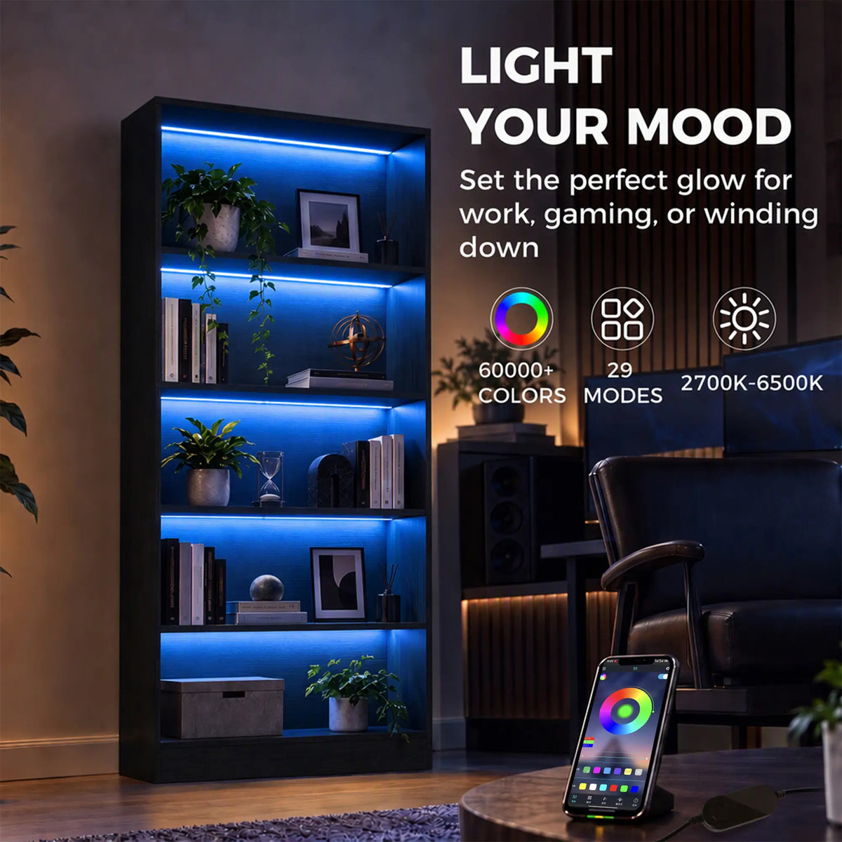 5-Tier Bookshelf With LED Lights, Cable Holes, Black Wood Grain