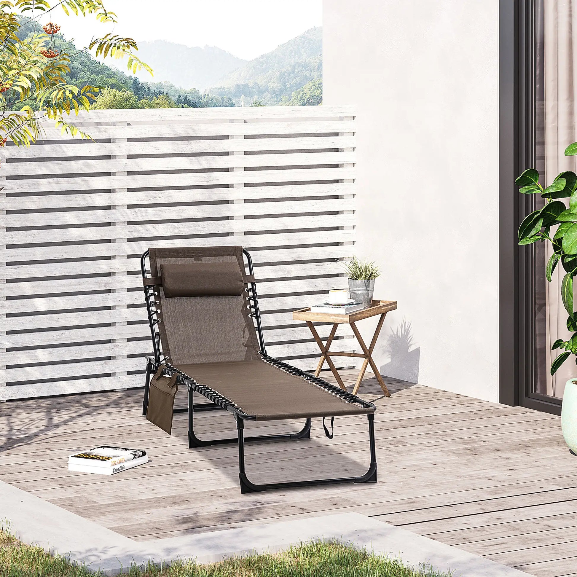 Outdoor Folding Chaise Lounge, Adjustable Backrest, Removable Pillow, Brown Lounger Chairs at Gallery Canada