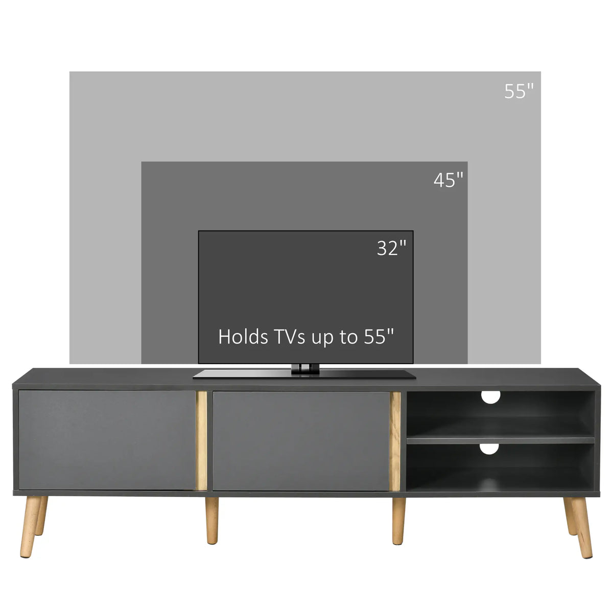 Support TV pour téléviseurs de 55", armoire avec étagères, gris foncé