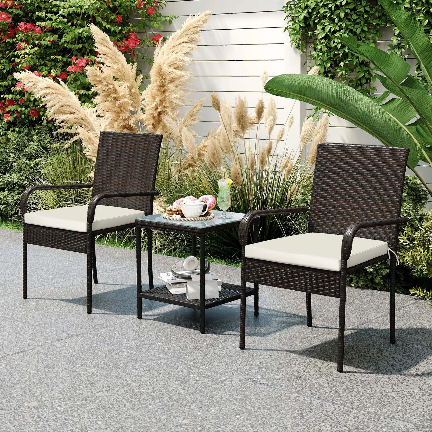 3 Piece Wicker Patio Set, Stackable Chairs, Washable Cushion, Tempered Glass Top, Brown Bistro Sets at Gallery Canada