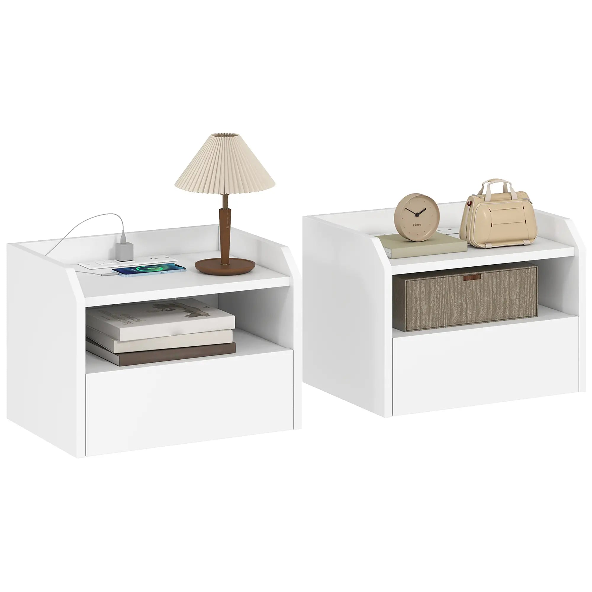 Wall Mounted Bedside Table Set of 2, Charging Station, Drawer, Shelf, White Bedside Tables at Gallery Canada