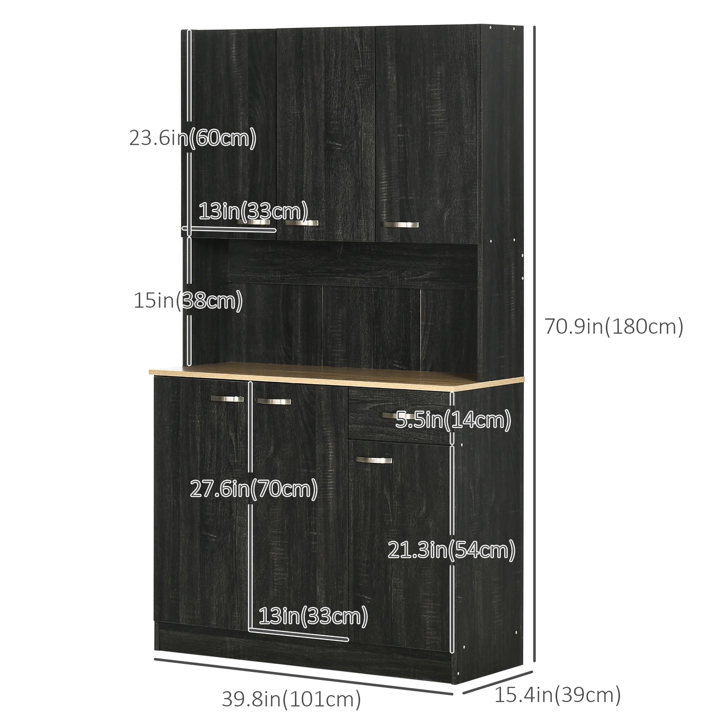 71" Kitchen Buffet with Hutch, Freestanding Cabinet, Black Kitchen Pantry Cabinets at Gallery Canada