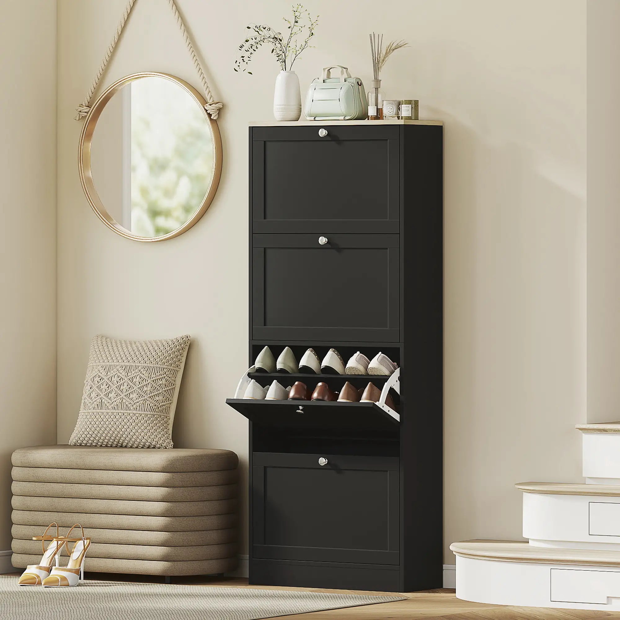Shoe Storage Cabinet with 4 Flip Drawers, Adjustable Shelves, 18-24 Pairs, Black Shoe Storage Cabinets & Racks at Gallery Canada